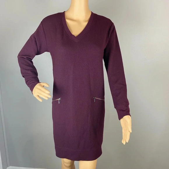 J Jill Womens Small Burgundy Long Sleeve Knee Length Dress Pockets - Picture 1 of 7